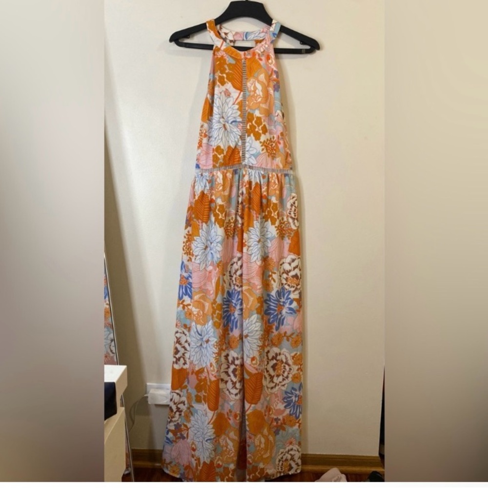 Floral Halter Maxi Dress in Orange and Pink